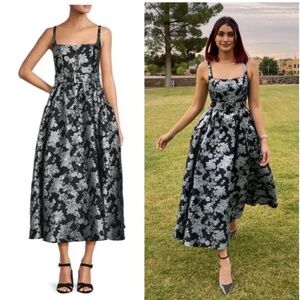 Antonio Melani Black and Silver Metallic A-line Midi Dress Sz 8